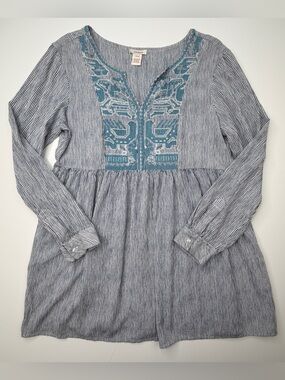 Sundance Navy and White Striped Tunic Dress Top with Teal Embroidery GUC Large L
